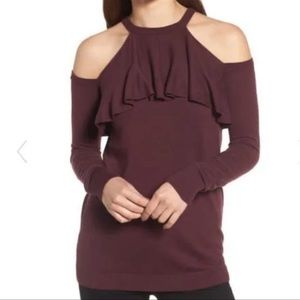Chelsea28 Cold Shoulder ruffle burgundy Long Sleeve Sweater Size S